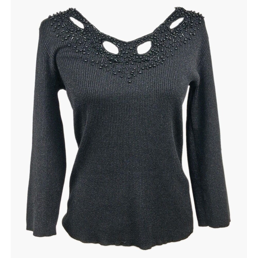 Metallic Cutout Beaded V-Neck Sweater Cable & Gauge Black 3/4 Sleeve M